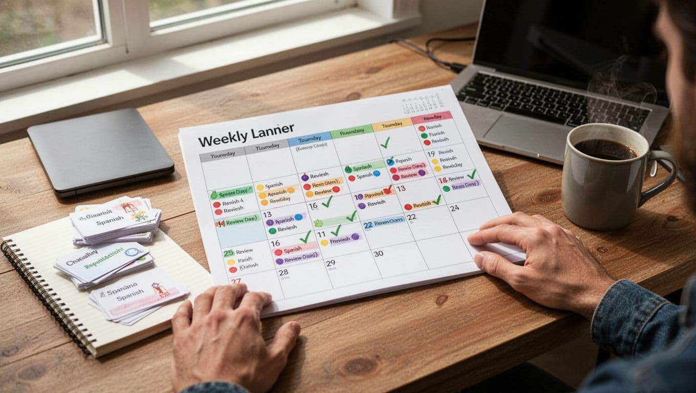 Open weekly planner on a wooden desk showing a 4-week spaced repetition schedule for Spanish vocabulary learning, with review days marked by colored dots, flashcards nearby, closed laptop, coffee mug, and natural daylight; only hands visible, realistic photograph.