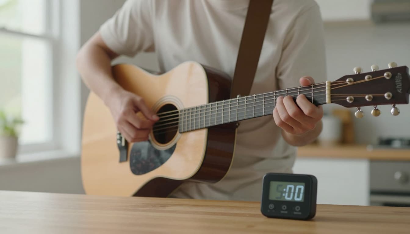 One person in casual clothes holds an acoustic guitar loosely in a bright morning kitchen, with a blurred digital timer displaying 5:00 on the table, embodying a focused yet relaxed posture beginning practice under natural window light with dramatic cinematic style.