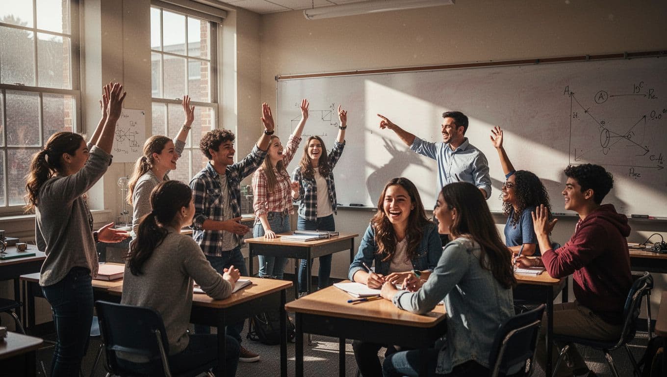 A vibrant college physics classroom shows exactly eight students actively participating: some raising hands, others discussing in groups around desks, as the professor points to the board amid beams of light from windows and dramatic cinematic lighting.
