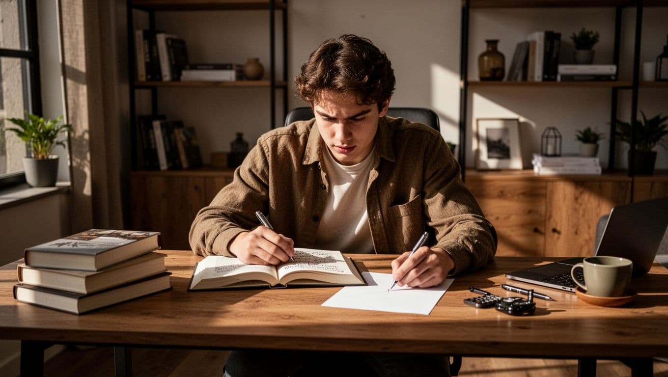 A determined young professional sits at a wooden desk in a cozy modern home office, hand covering notes on an open book while writing quiz answers on paper, illustrating the shift from passive reading to active quizzing.