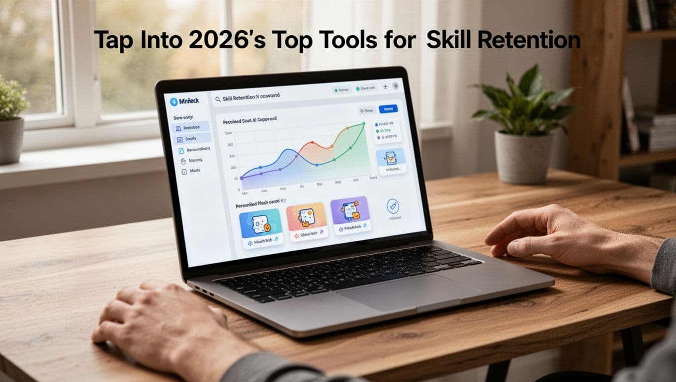 Realistic photograph of a laptop on a modern wooden desk in a cozy home office, displaying an AI-powered skill retention dashboard with progress graphs, personalized flashcard previews, and recommendation icons. Natural daylight from a window, high detail with soft lighting, viewed at a slight angle, exactly one laptop and two relaxed hands nearby.