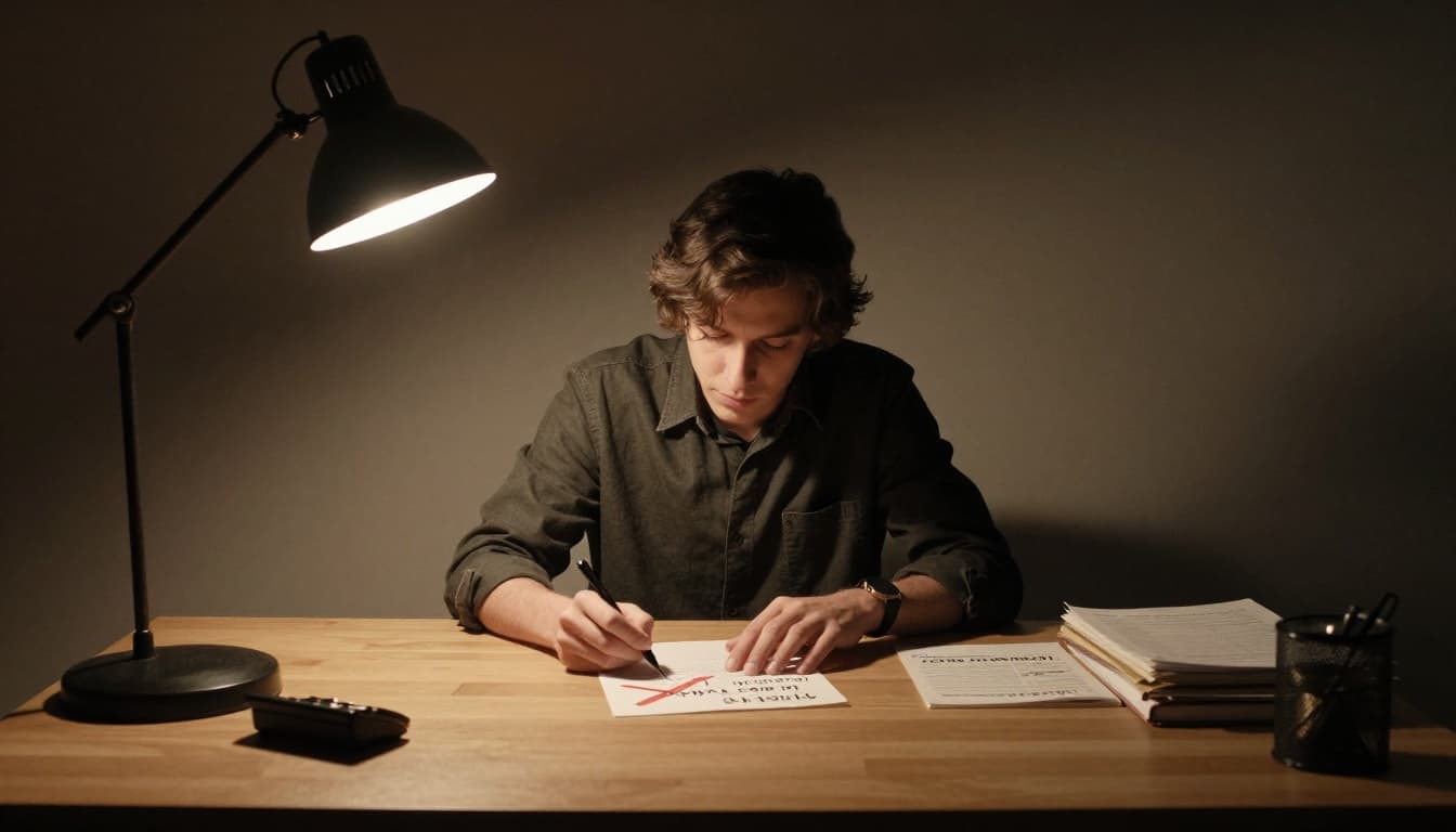 A thoughtful person at a desk crosses out an overconfident note while realistically checking a feedback log, depicted in cinematic style with strong contrast, depth, and dramatic lamp light using an earthy palette.