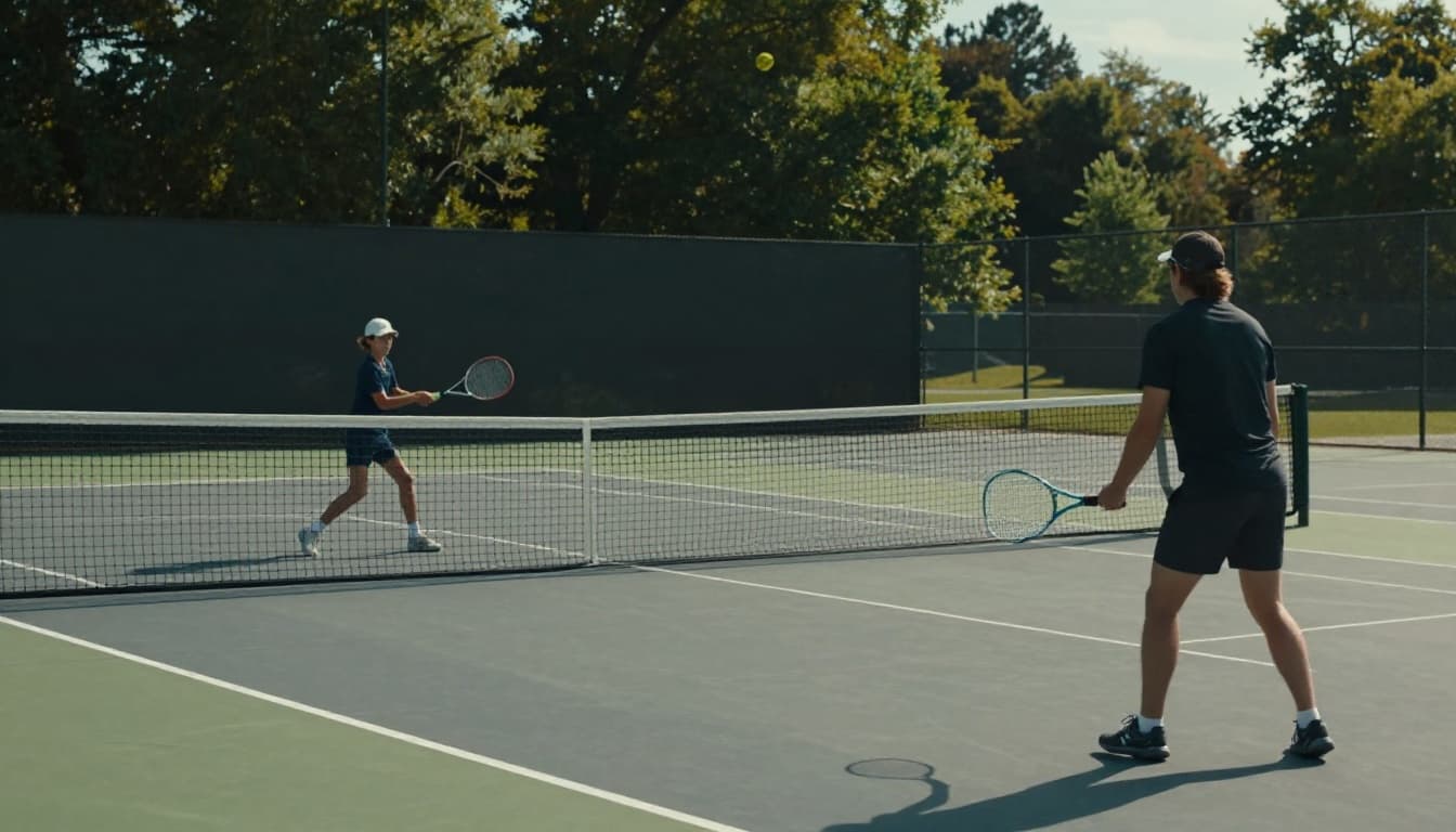 A beginner hits a slow forehand on a sunny outdoor tennis court while a coach watches from the side, capturing the early learning stage with guidance. Cinematic style features strong contrast, depth, and dramatic sunlight.