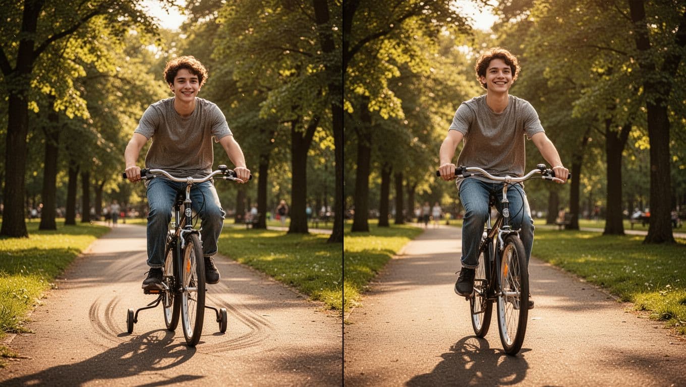 Side-by-side panels depict a young adult progressing from wobbling unsteadily on a bicycle with training wheels to riding confidently hands-free and smiling on a sunny park path amid green trees, captured in cinematic golden hour lighting with dramatic contrast.
