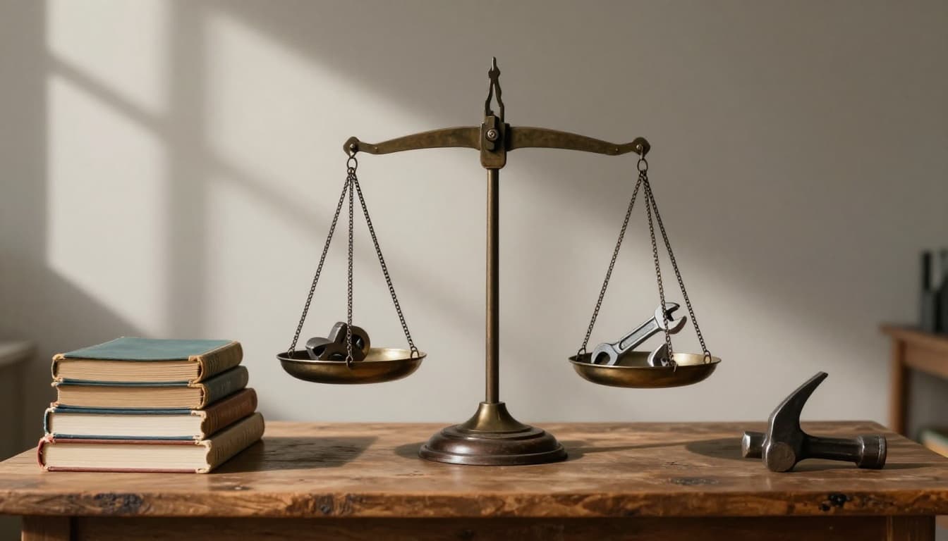 A classic balance scale on a rustic wooden table holds stacked old books on the left pan and practical tools like a wrench and hammer on the right pan, perfectly balanced with dramatic cinematic lighting and high contrast shadows.
