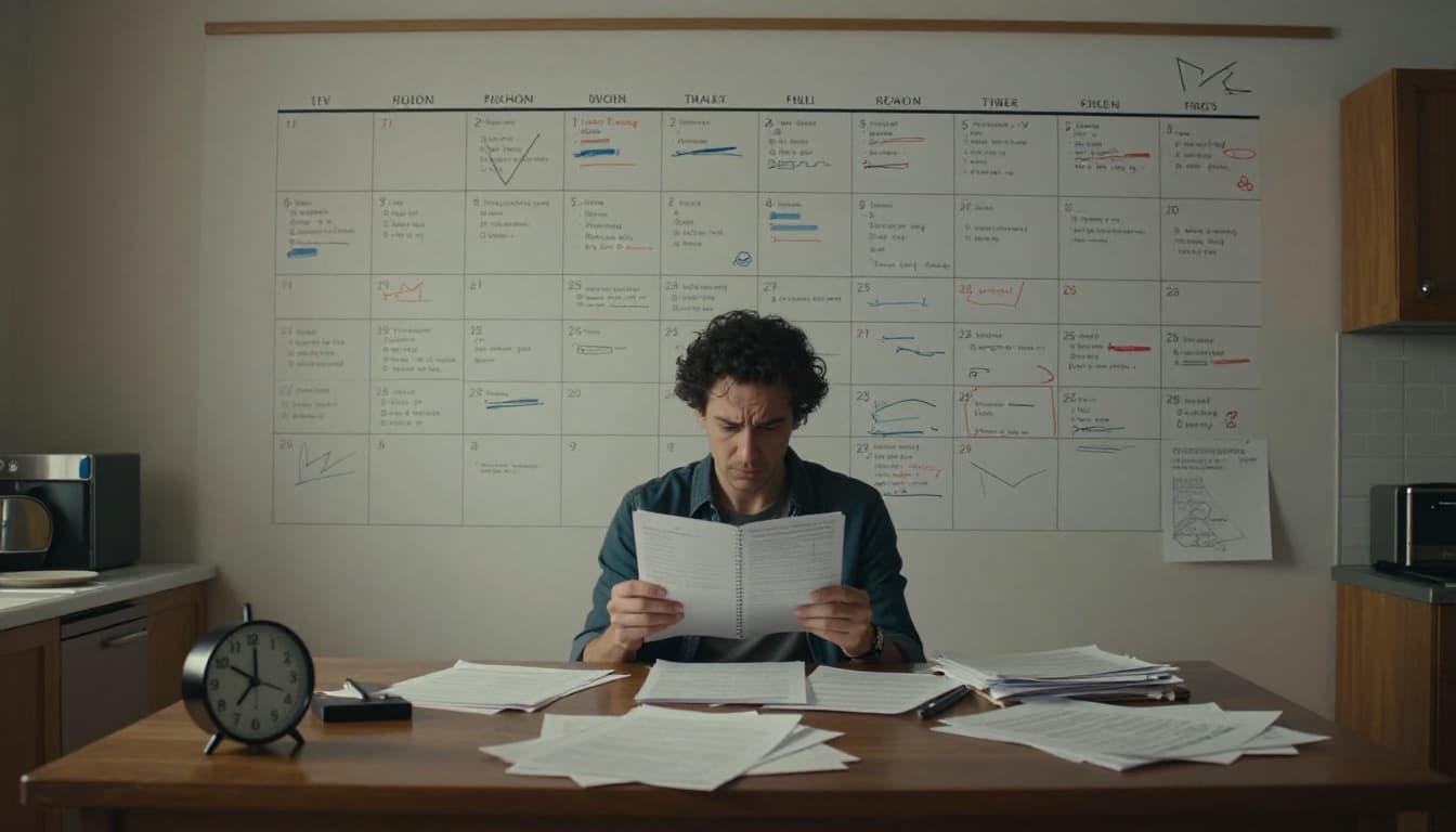 A wall calendar chaotically filled with overlapping abstract marks representing tasks and events, a stressed person partially visible in the background holding a planner, kitchen table cluttered with papers, and a midnight clock, in cinematic style with strong contrast, depth, and dramatic overhead lighting.