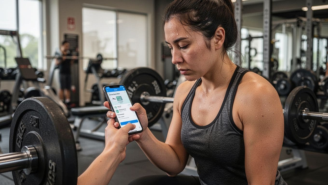 A sweaty individual in a gym reviews their workout form on a phone app, surrounded by weights in a motivational setting with soft lighting.