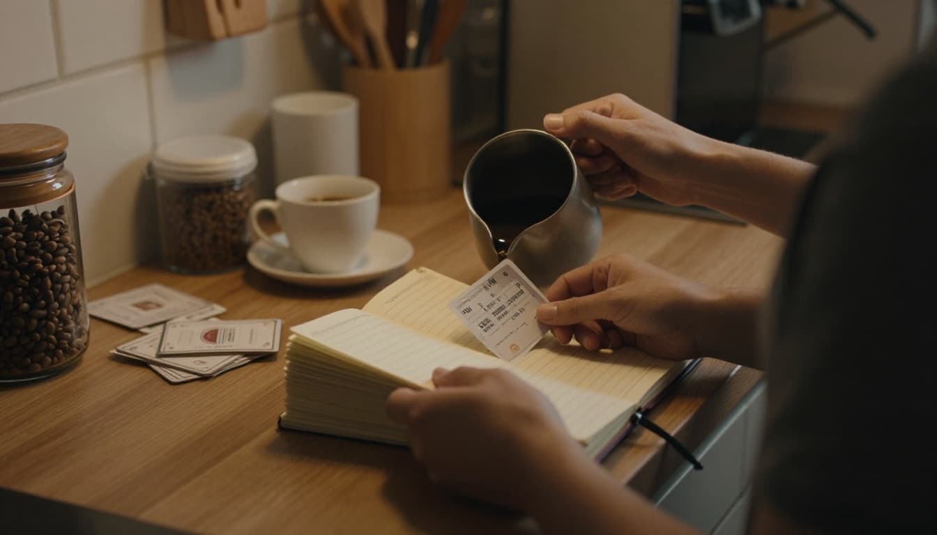 Close-up of relaxed hands in a cozy kitchen reviewing flashcards right after pouring morning coffee, with warm morning light, cinematic style, strong contrast, and earthy tones.