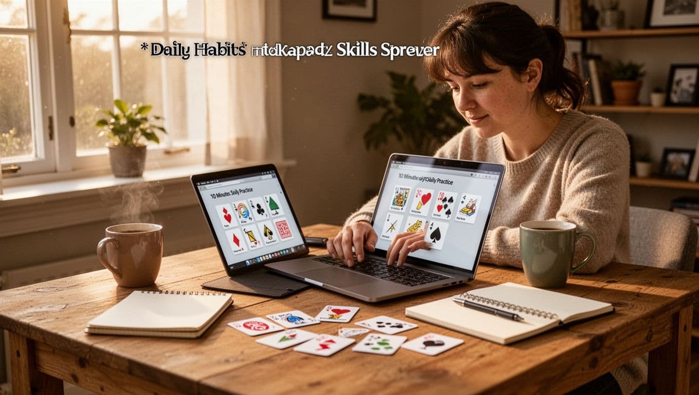 A focused person in a home office practices short 10-minute daily skills on a laptop, surrounded by flashcards and a notebook, with morning light illuminating the wooden desk and coffee mug.