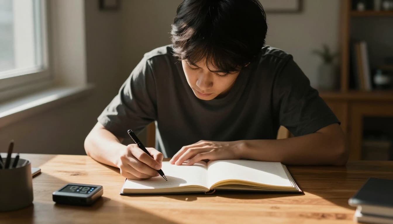 An adult deeply focused on studying at a wooden desk in a quiet sunlit room, with open notebook, pen, and 90-minute analog timer prominently visible. Soft natural light from the window creates high contrast dramatic shadows and warm tones, centering on the person and timer without distractions.