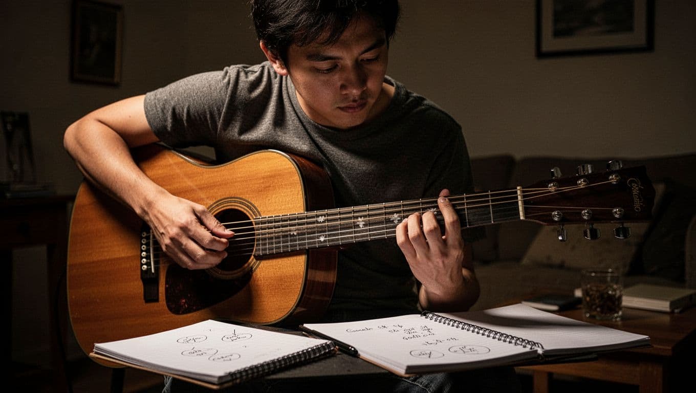 A focused person practicing guitar slowly in a quiet room, fingers on basic chords with a notebook of simple notes nearby, cinematic style with strong contrast and warm tones.