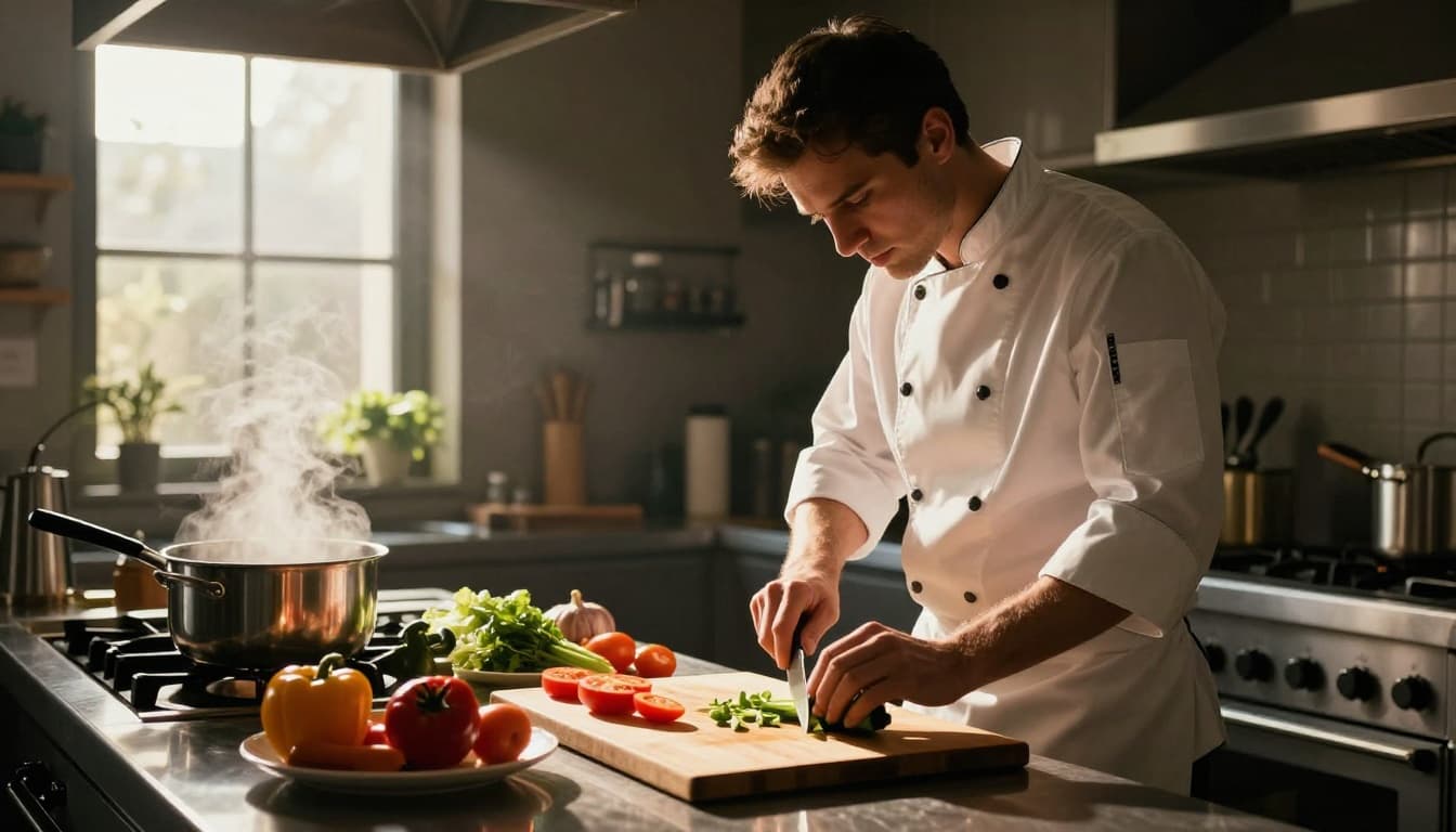 A focused chef in a sunlit modern kitchen precisely chops fresh vegetables on a cutting board with a sharp knife, steam rising from a nearby pot, in cinematic style with warm tones, high contrast, and dramatic lighting.