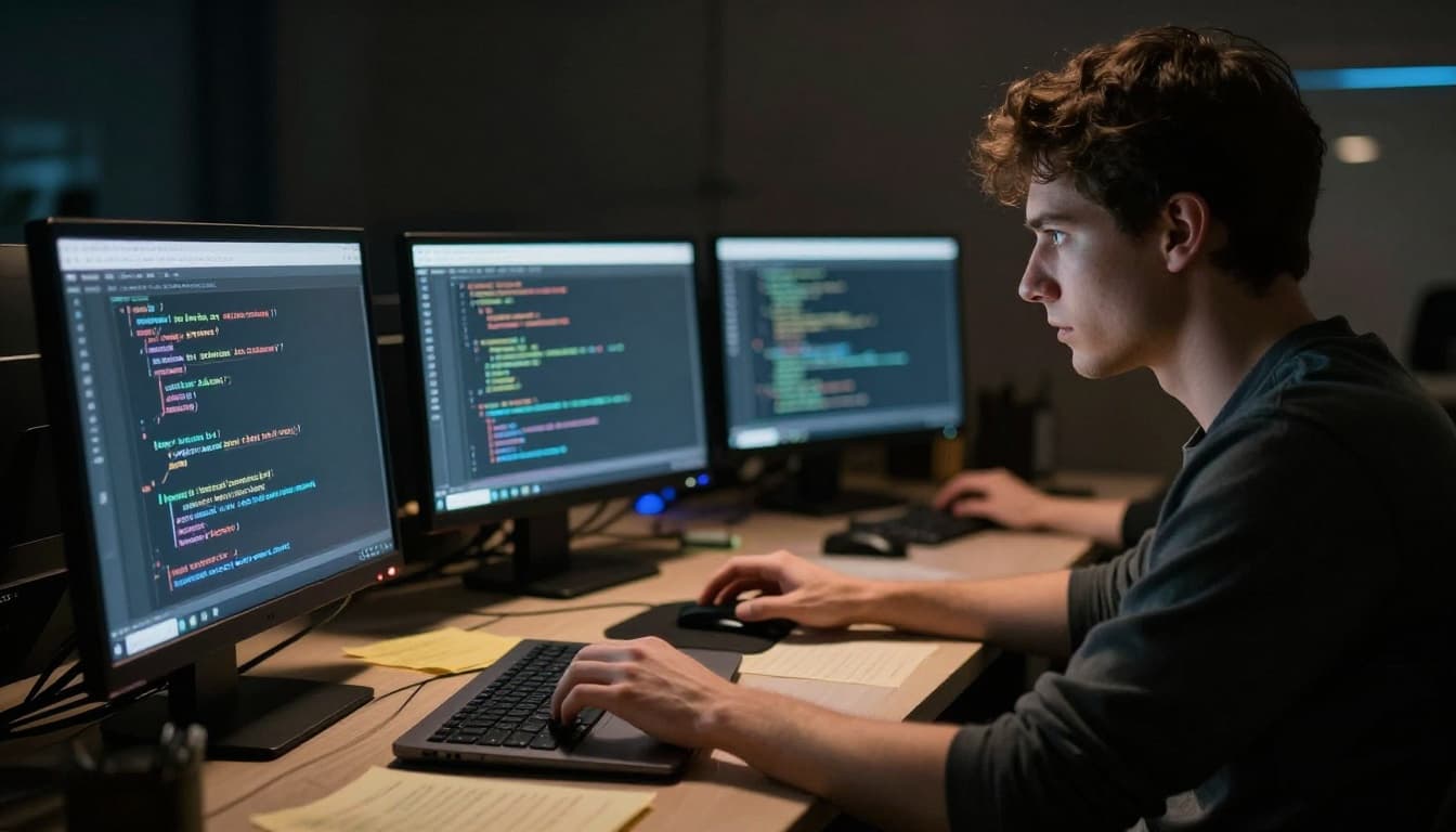 A determined coder at a desk intensely focuses on debugging code on a laptop, surrounded by notes, with dramatic overhead lighting casting shadows in a cinematic high-contrast style.