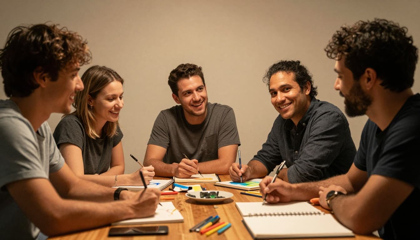 A diverse group of three adults in a casual learning circle, smiling and discussing a hobby like painting with notebooks and supplies on the table, featuring relaxed hands and supportive gestures in cinematic style with strong contrast, depth, and dramatic warm lighting.
