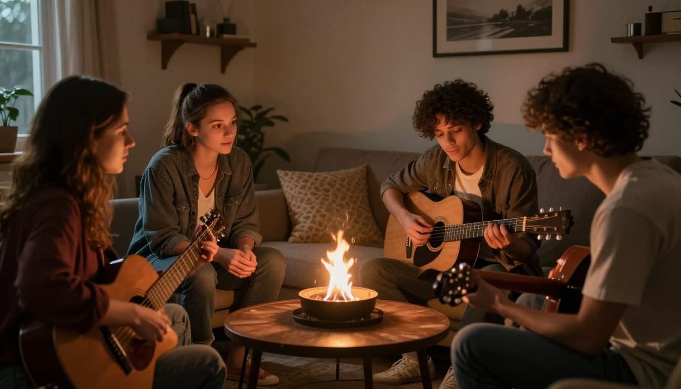 Three diverse young adults gathered in a casual living room, one demonstrating guitar chords while others listen attentively, illuminated by warm firelight with cinematic dramatic lighting.