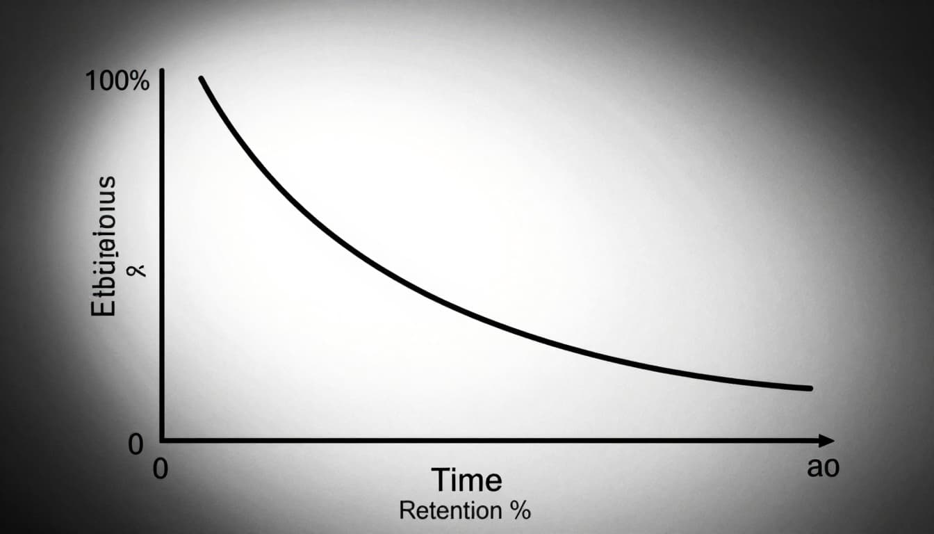A simple line graph depicting the Ebbinghaus forgetting curve, showing a steep drop from 100% retention at time 0 to about 20% after one day, then leveling off slowly on a white background with labeled axes.