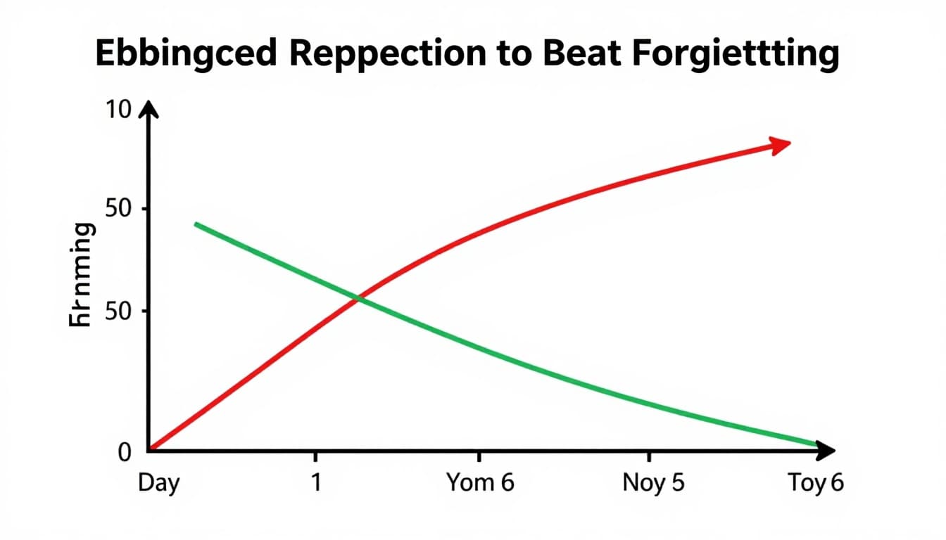 Ebbinghaus forgetting curve graph contrasted with spaced repetition retention curve: steep red drop for cramming vs flatter green line for spaced repetition, time axis from day 1 to month 6, clean educational infographic.