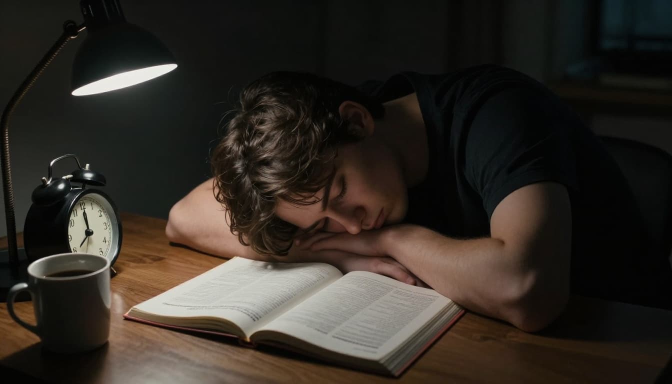 A tired student is slumped over an open textbook, asleep at a desk in a dimly lit room with an early morning alarm clock, coffee mug, and dramatic low-key lighting emphasizing fatigue from overwork and sleep deprivation.
