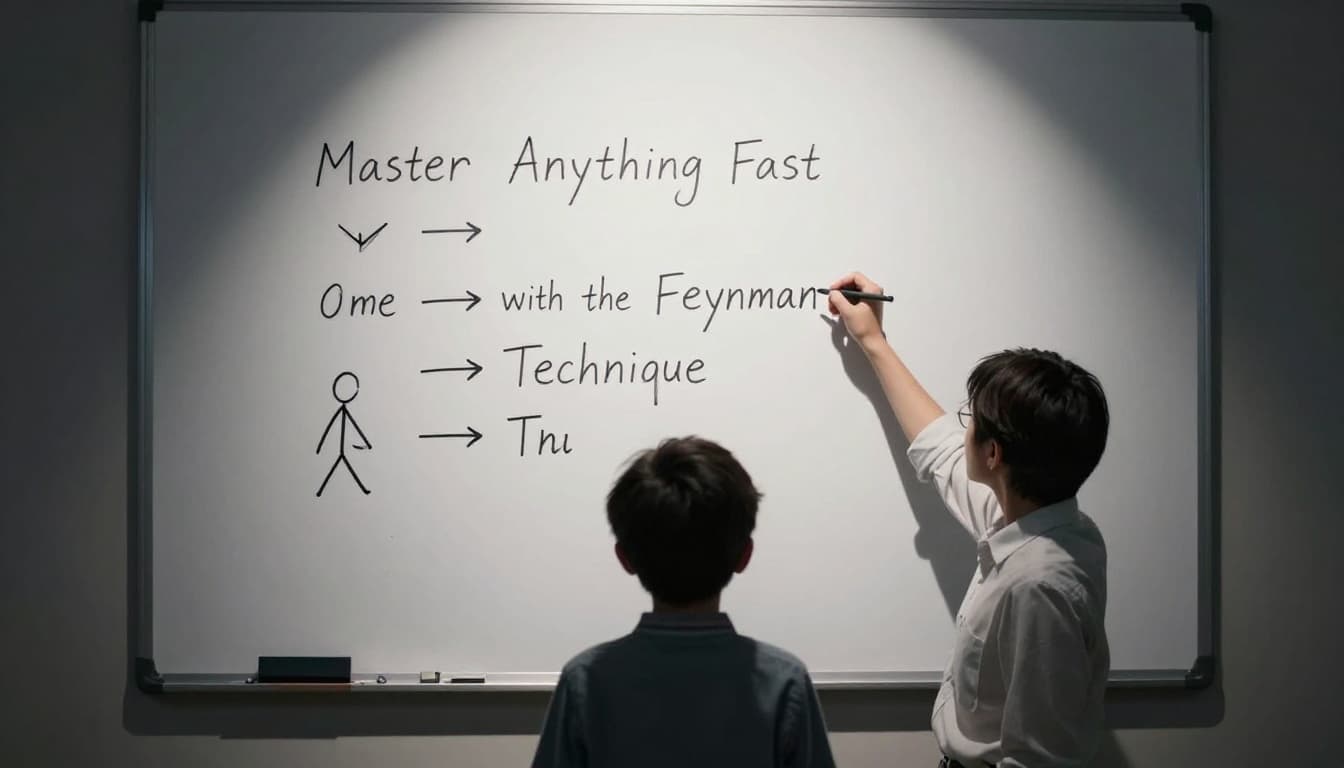 A single person confidently illustrates gravity using simple arrows and stick figures on a whiteboard for a child audience, under dramatic spotlight lighting with high contrast shadows in an empty room.