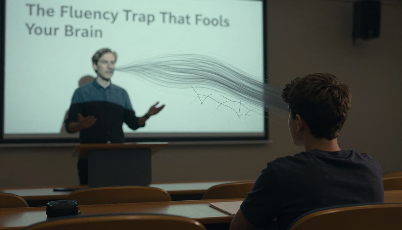A focused student in a dimly lit lecture hall absorbs illusory smooth waves of information from a professor, contrasted by fractured neural paths indicating weak retention.