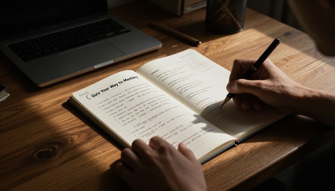 Focused adult quizzing themselves with flashcards and notebook at a wooden desk in a warmly lit cozy study room, dramatic side lighting creating strong shadows and depth in cinematic high-contrast style.