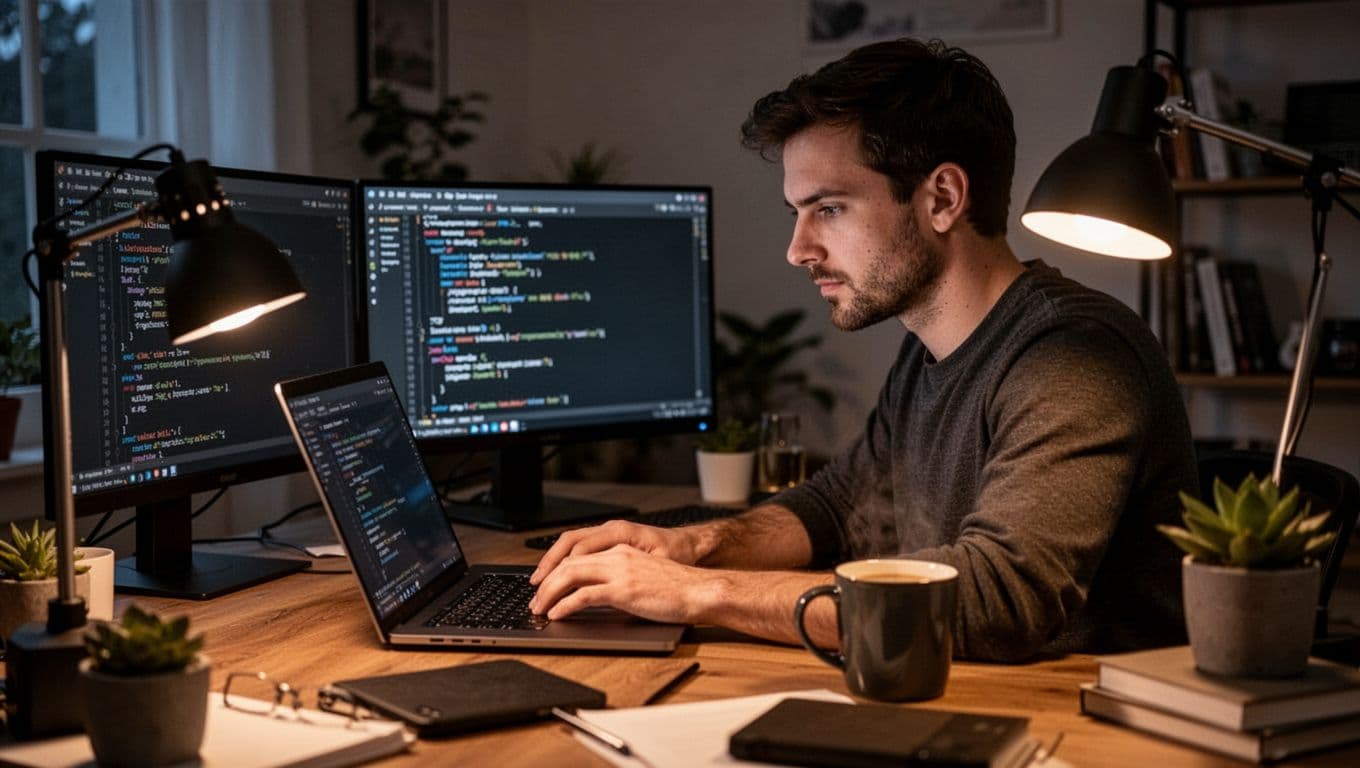 A concentrated developer types code on a laptop at a home office desk, with the screen angled away and no text visible, a coffee mug nearby, under evening lamp light.