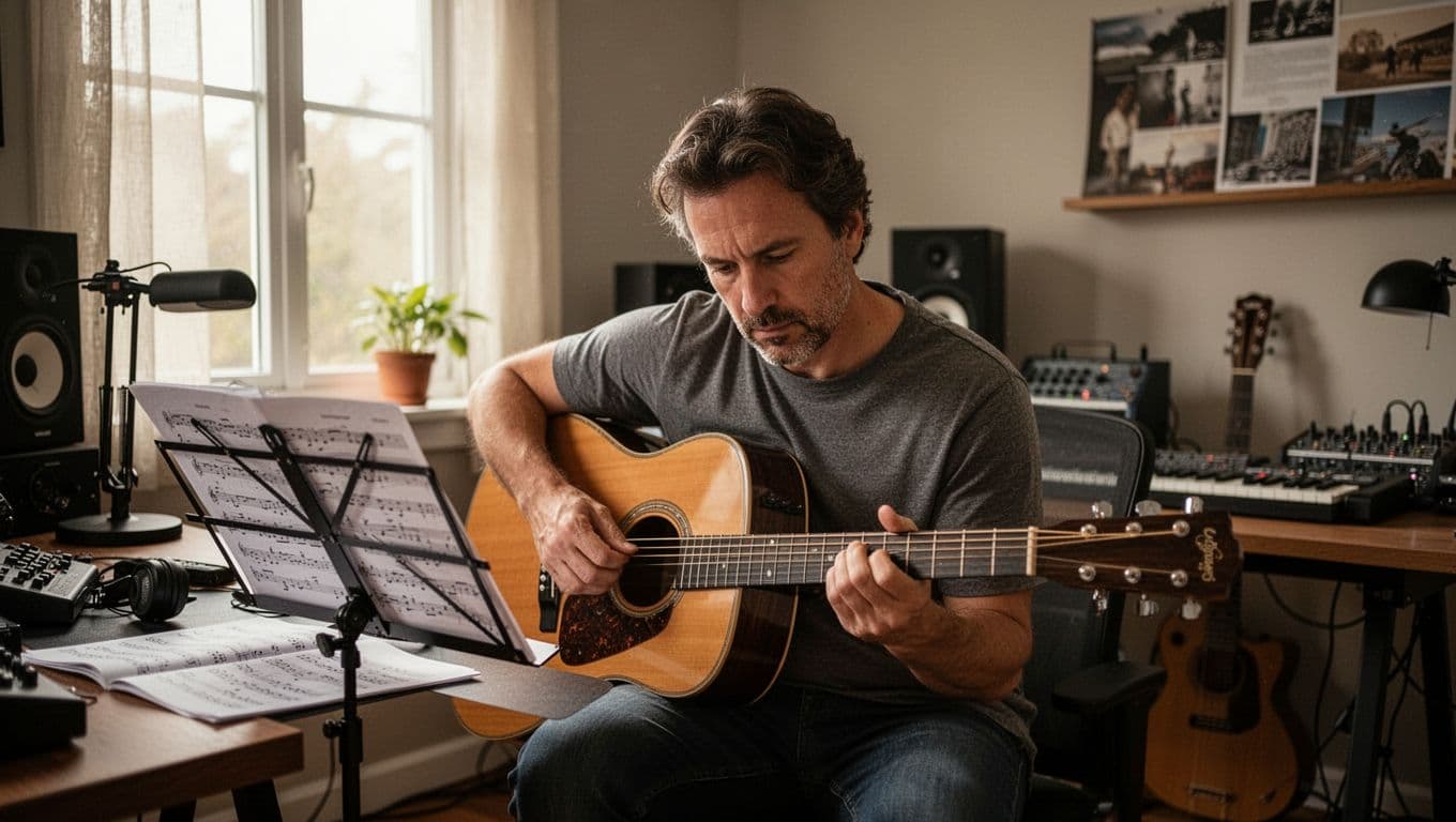A focused adult practicing guitar in a quiet home studio, sitting at a desk with sheet music under natural window light, realistic style.