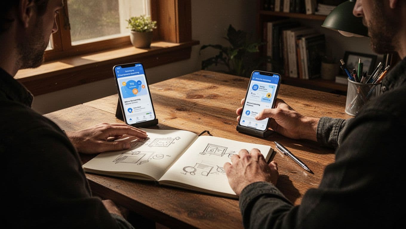 A single focused adult works at a wooden desk in a cozy home office, with a smartphone displaying a micro-learning app propped up and an open notebook with simple project sketches nearby.