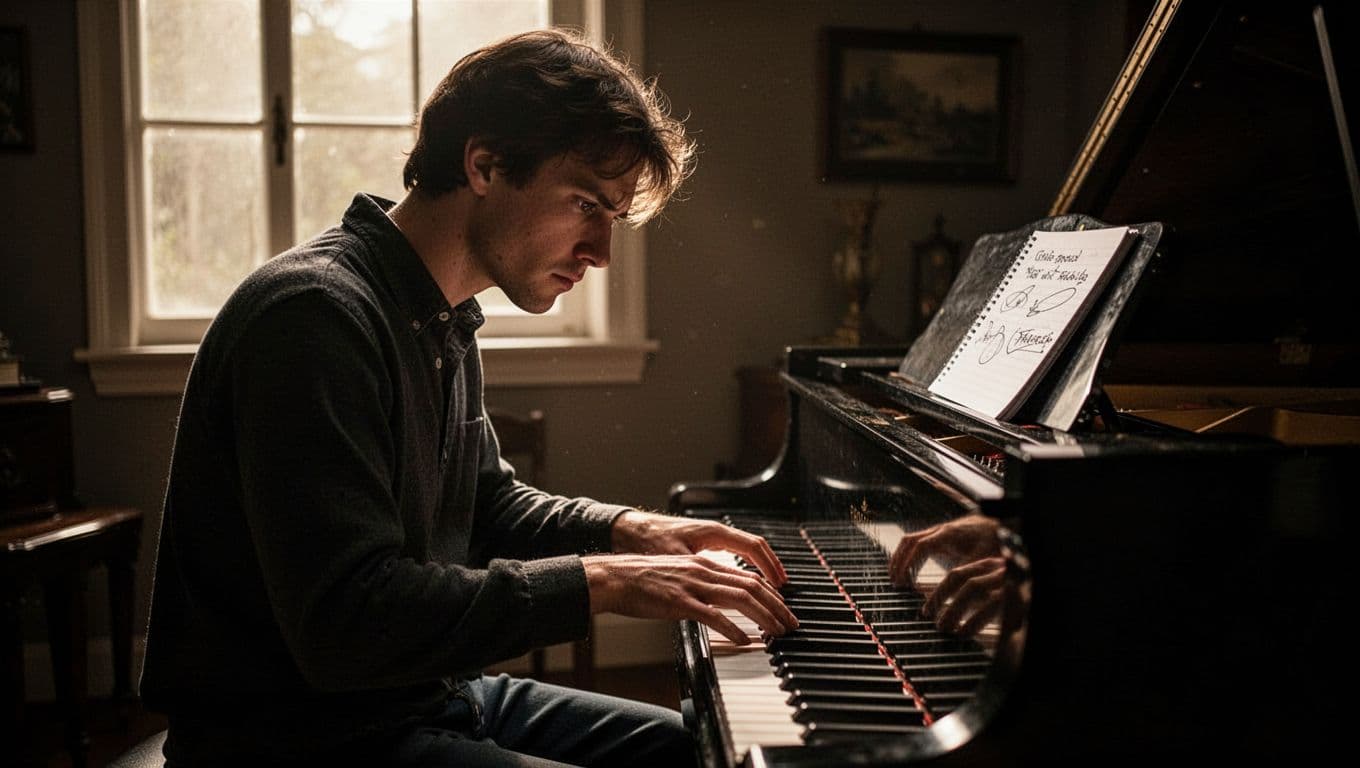 A musician intensely practices piano in a dimly lit room with strong concentration, notebook nearby, under dramatic cinematic lighting from a single window.