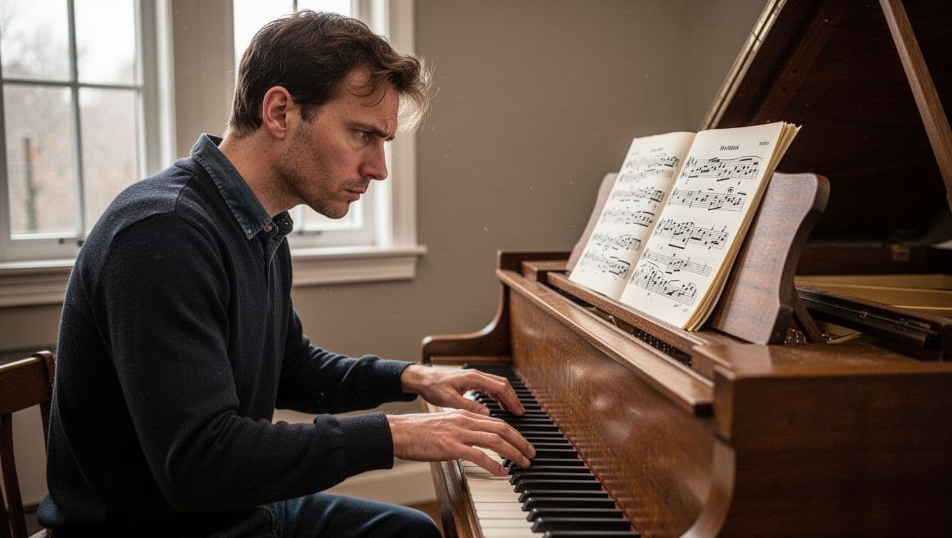 A pianist intensely focuses on a tricky sheet music passage in a quiet practice room, with hands poised over the keys, furrowed brow, wooden piano, music stand, and soft window light illuminating the scene.