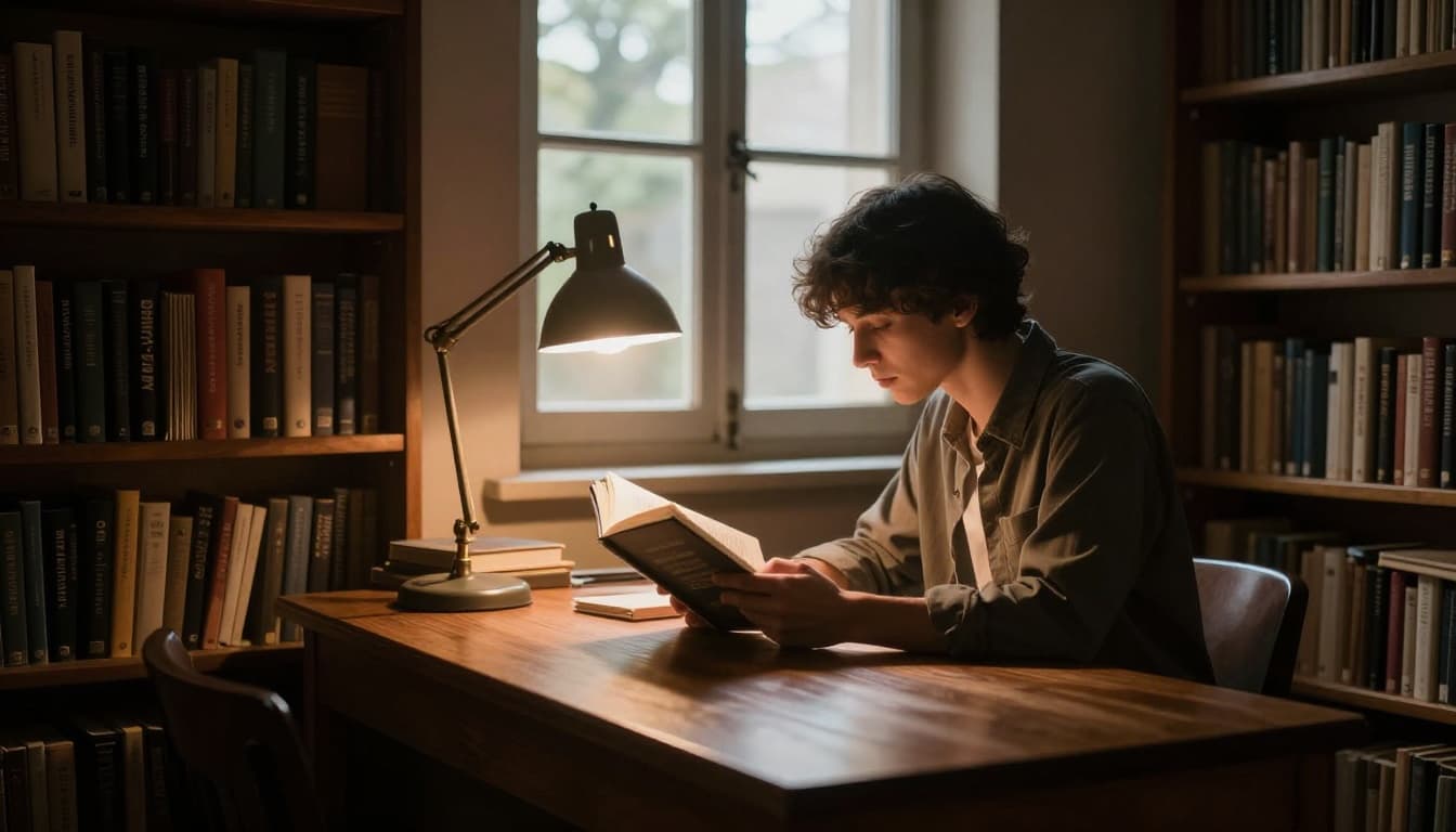 A focused person sitting at a wooden desk in a cozy library filled with bookshelves, reading an open book under a warm desk lamp casting long shadows, with soft natural light from a window, in cinematic style with strong contrast, depth, and dramatic lighting.