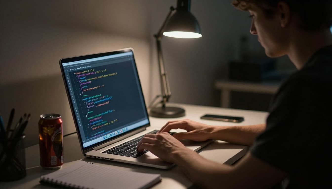 A focused male coder in his mid-20s types basic code on a laptop at a minimalist desk in a dimly lit room with desk lamp glow, cinematic lighting emphasizing concentration on fundamentals.