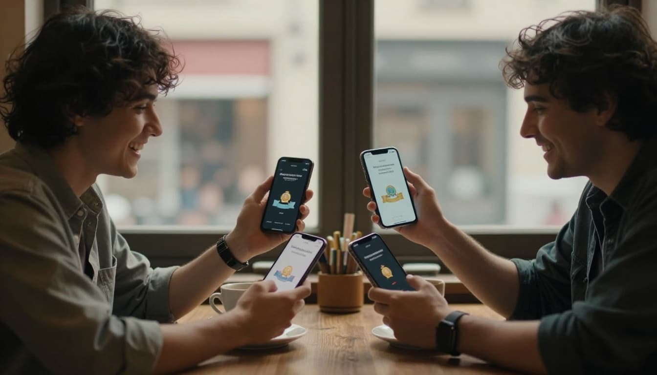 Two excited friends at a cafe table high-five over phones displaying abstract progress badges, with coffee cups and window background in cinematic style with dramatic warm lighting.