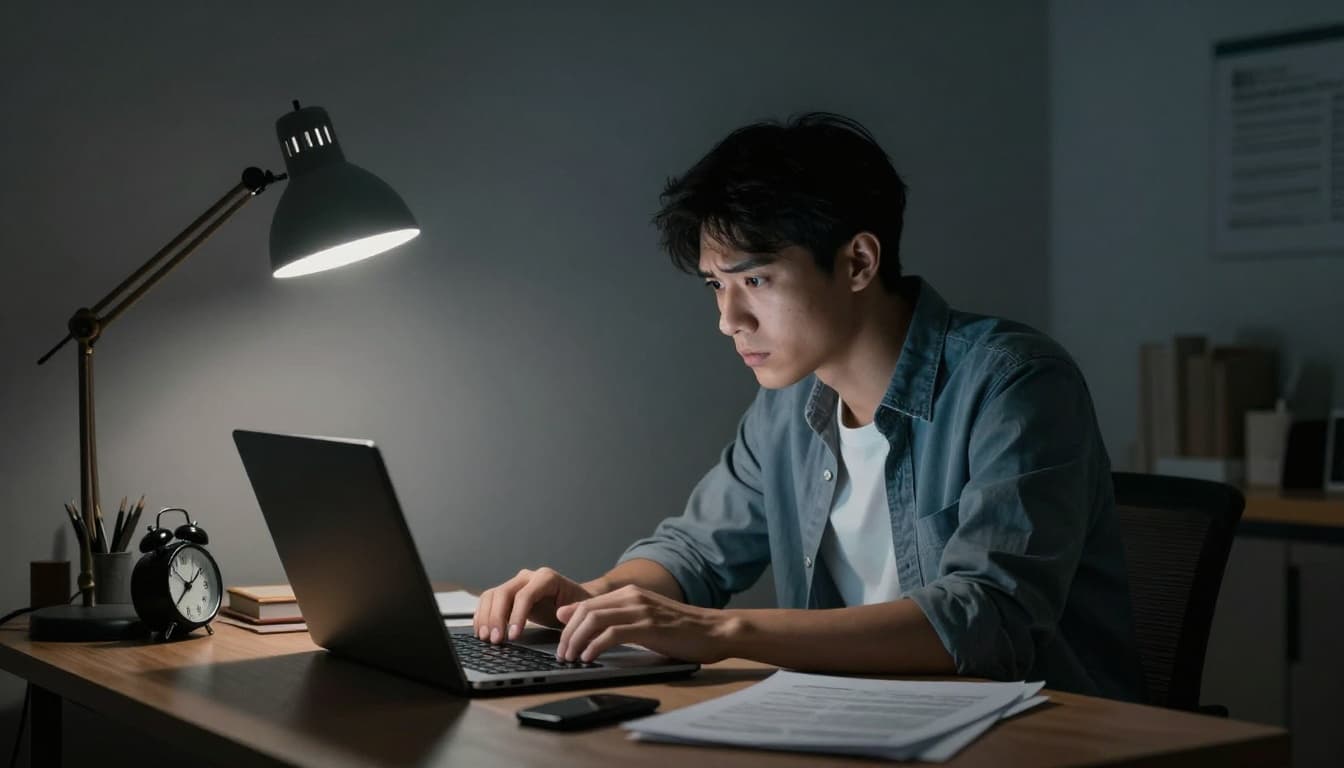 A young professional in a cluttered home office stares blankly at a laptop with unfinished work at 2 AM, hands hovering uncertainly over the keyboard under dim lamp light, embodying perfectionist hesitation.