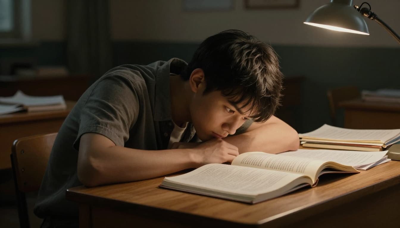 A young adult at a wooden desk in a dimly lit study room, face showing frustration under warm lamp light with strong shadows, staring blankly at open textbook and notebook, head on hand, scattered papers, cinematic style with high contrast and depth of field.