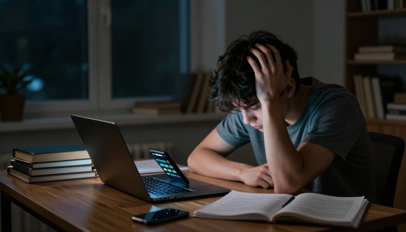 A frustrated student at a cluttered wooden desk with books, notes, and an open laptop, head in hands, overwhelmed by a smartphone lighting up with notifications in a dimly lit room at night.