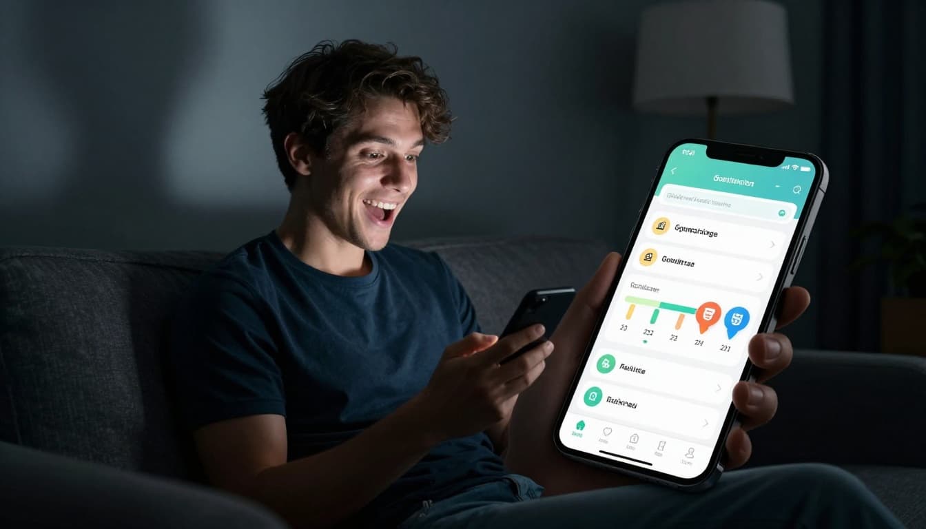 A person sits excitedly on a couch using a phone app with gamified progress bars and badges for skill practice, illuminated by dramatic lamp lighting in cinematic style.