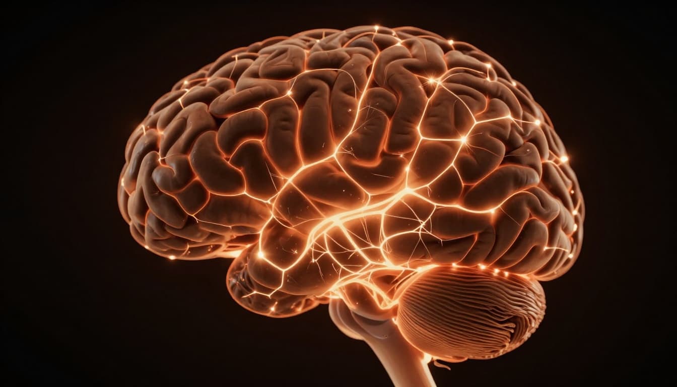 Close-up of a human brain featuring glowing neural pathways forming new connections with sparks of light indicating growth, set in a dark abstract space with cinematic style, strong contrast, and warm earthy palette with orange highlights.