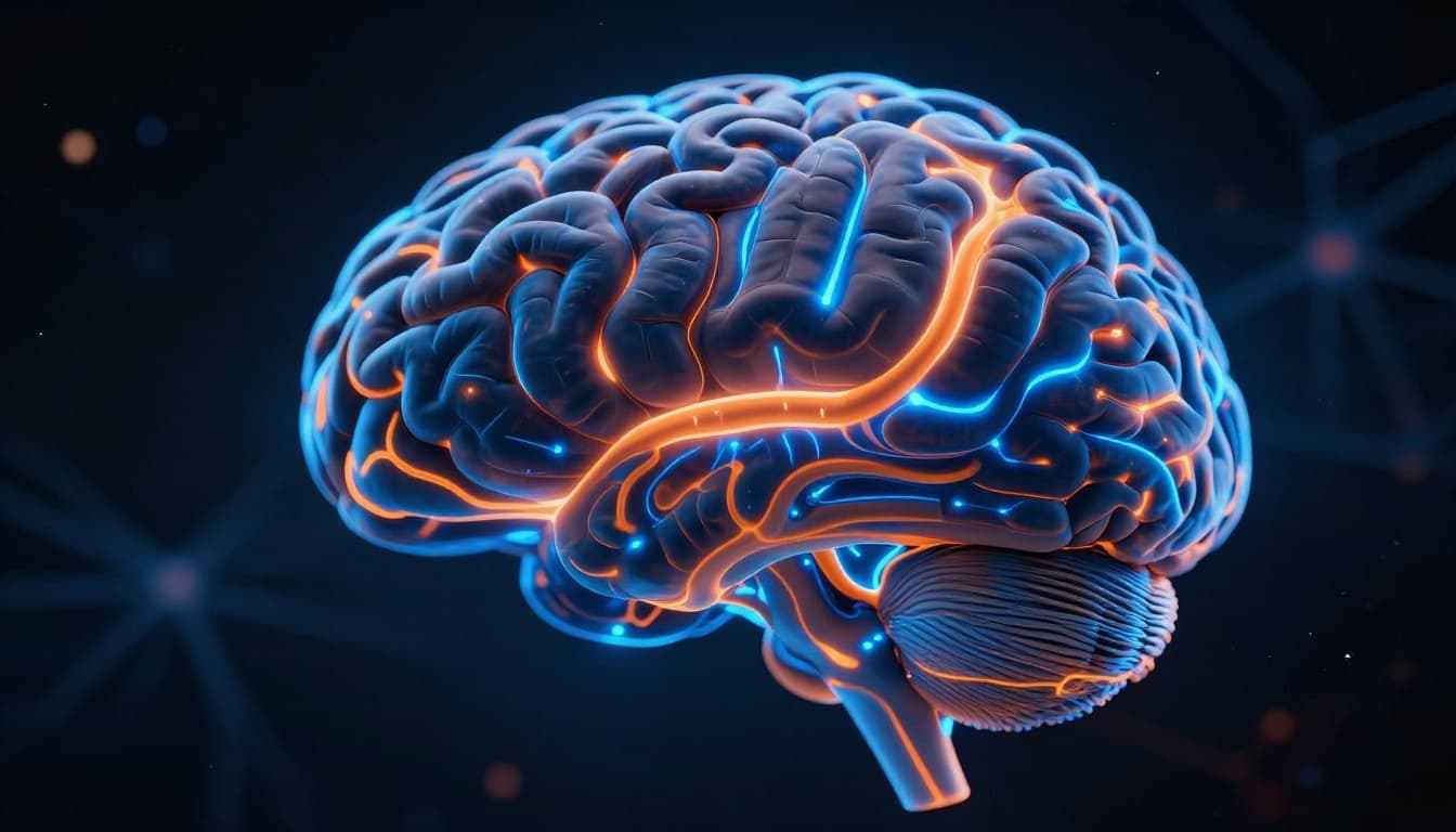 Human brain with glowing segmented chunks of neural pathways in blue and orange against a dark cosmic neural network background, close-up dynamic composition with dramatic side lighting and strong contrast.