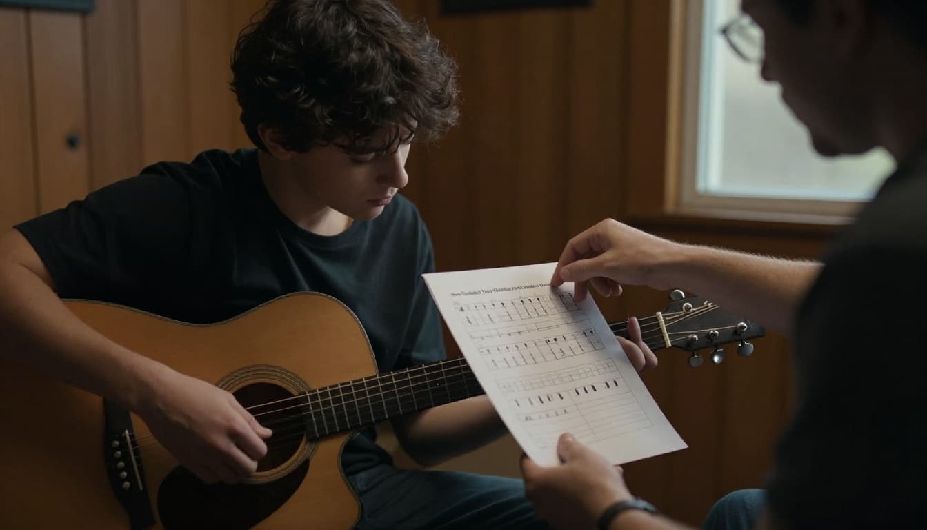 A focused young adult practices guitar chords on an acoustic guitar as the teacher points to a chord diagram for quick correction. Close-up on hands and guitar neck in a warmly lit room with cinematic lighting and strong contrast.