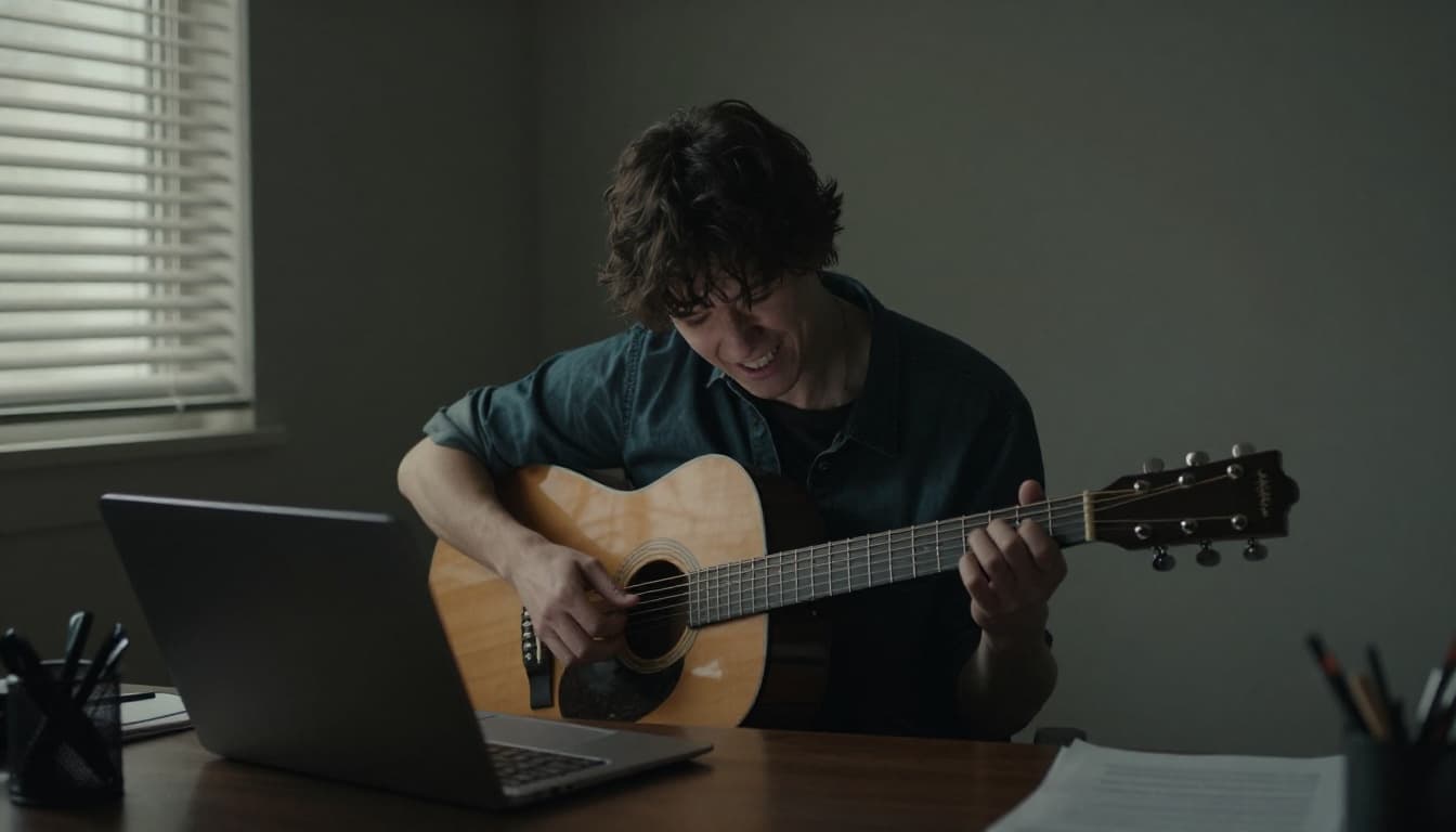 A person at a desk in a dimly lit room shifts from frustrated with head in hands to smiling energetically while practicing guitar, in cinematic style with dramatic window lighting and strong contrast.