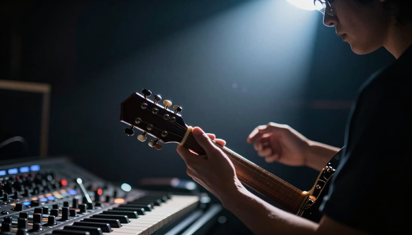 A solo guitarist practices mixing tempos on a simple stage, captured mid-strum in a dynamic pose with relaxed two-handed grip and dramatic overhead lighting creating strong contrast and cinematic depth of field.