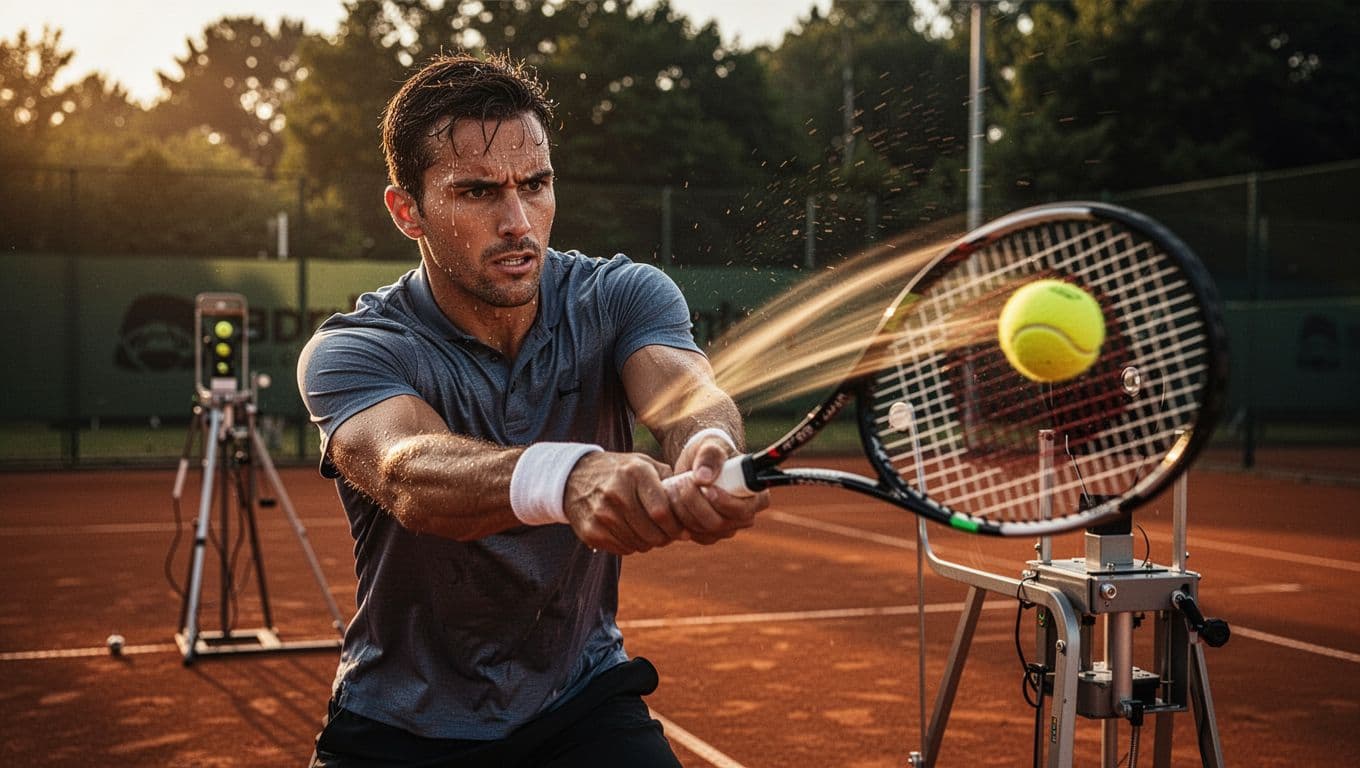 Focused tennis player mid-serve on outdoor clay court with intense concentration, sweat on brow, racket striking ball from machine feeder in dramatic cinematic style with golden hour lighting and high depth of field.