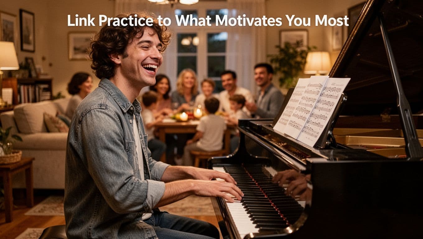 A musician plays piano with a joyful expression in a cozy living room under warm lighting, with a softly blurred family gathering in the background to symbolize tying practice to personal motivation.