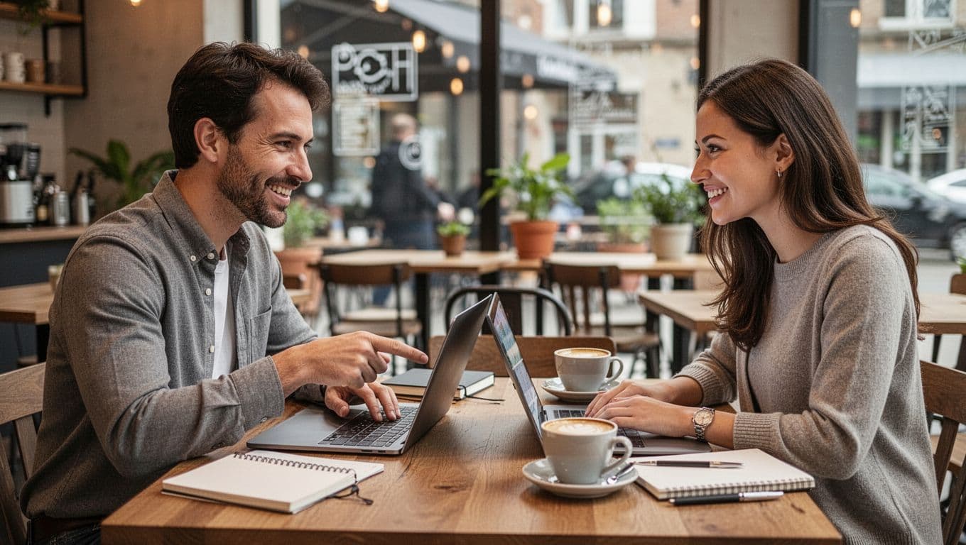 A mentor and mentee sit at a cafe table, smiling and engaged while discussing skills over laptops. The mentor points at the screen in natural daylight with coffee cups and notebooks present.