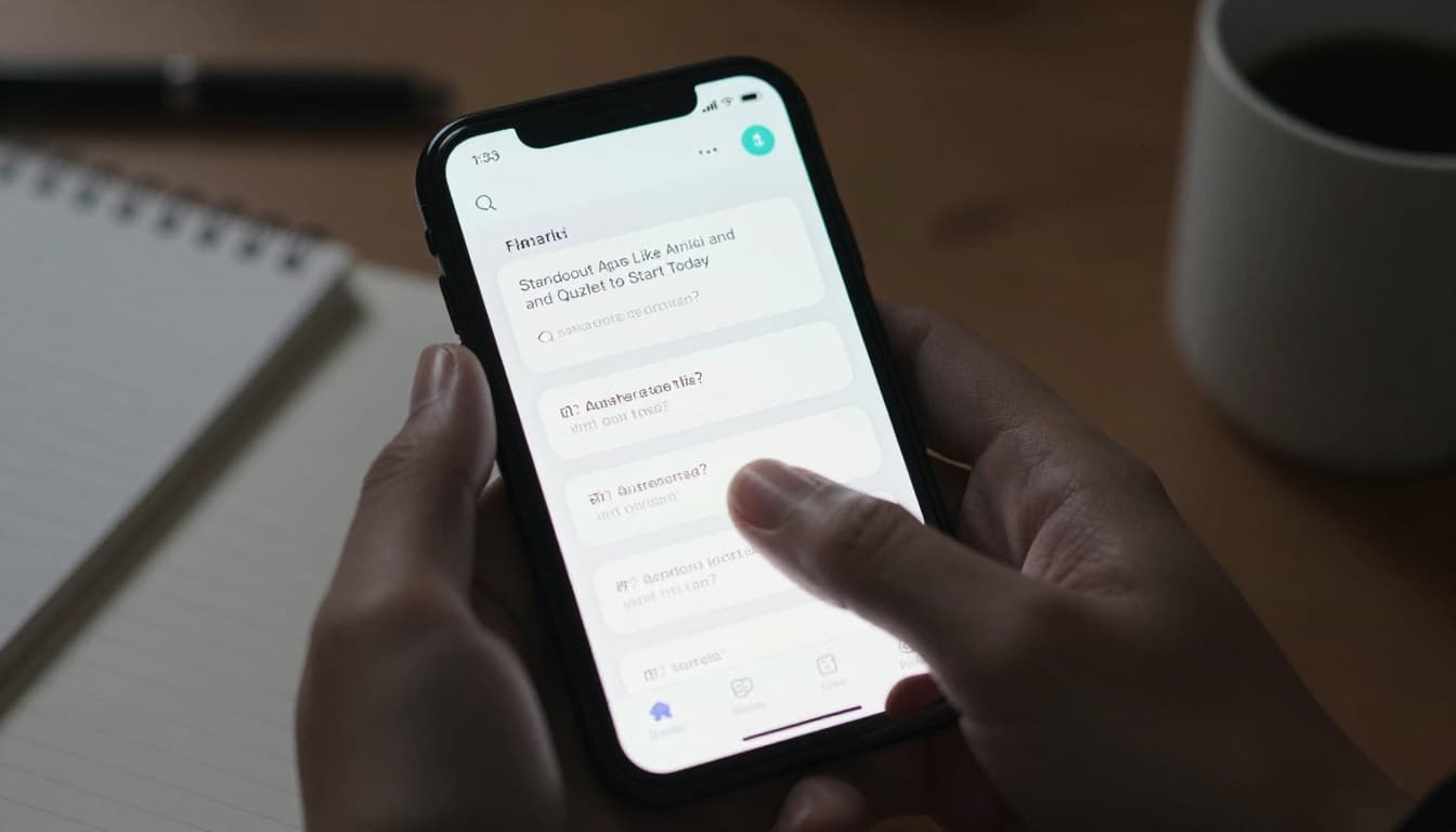 Close-up of a mobile phone screen at an angle on a desk displaying a blurred flashcard app interface with a question, surrounded by notebook and coffee mug in cinematic style with dramatic side lighting.