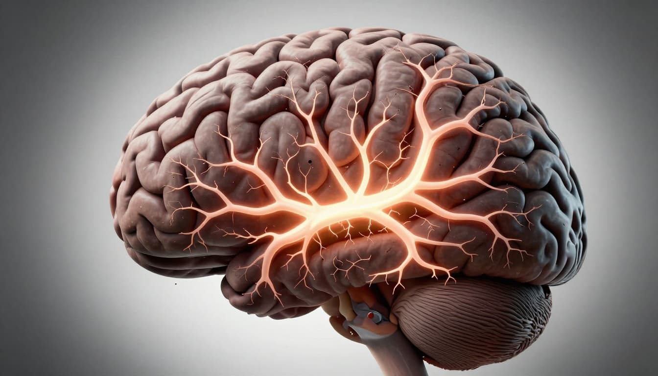 Close-up of a human brain with strong glowing neural pathways contrasted by fragmented weak paths scattering from distractions, symbolizing memory formation disruption. Cinematic medical illustration style with dramatic lighting and high contrast.