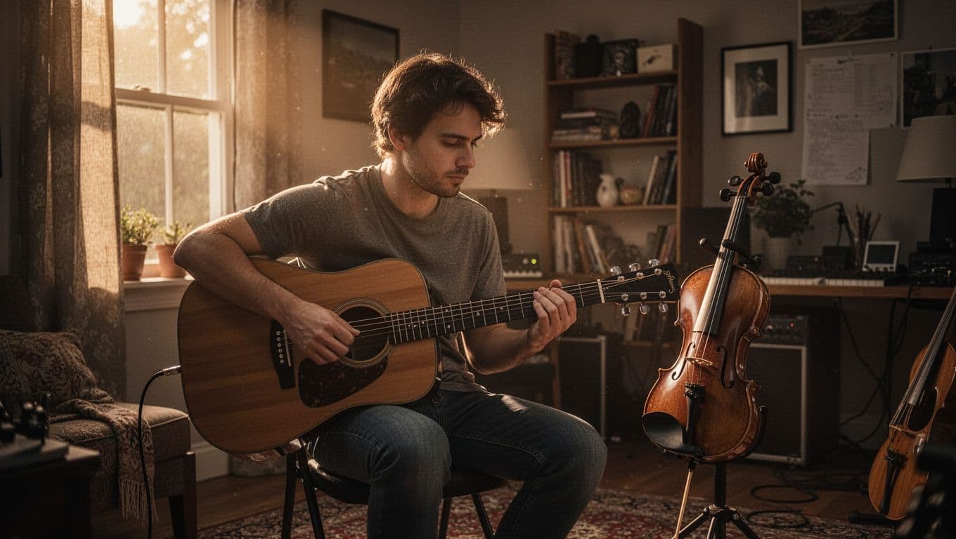 A focused musician in a cozy home studio holds an acoustic guitar while a violin rests nearby on a stand, capturing the moment of transitioning instruments with prior music knowledge accelerating learning. Cinematic style with warm window light, strong side contrast, depth, and dramatic lighting.