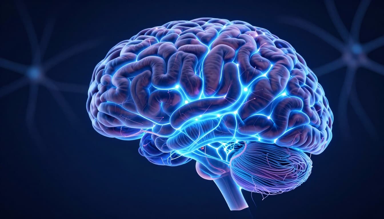 Human brain neurons form strong synaptic connections for skill learning, with glowing pathways resembling strengthening muscle fibers in blue and purple hues during consolidation. Realistic medical illustration style with soft lighting and high detail.