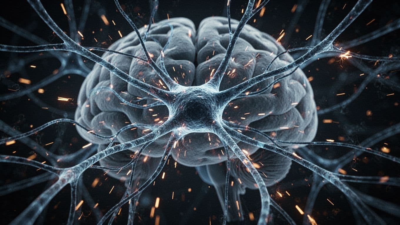 Abstract close-up of brain neurons and synapses firing during skill learning, with new glowing blue pathways forming and strengthening amid sparks of activity on a dark neural background with cinematic contrast.
